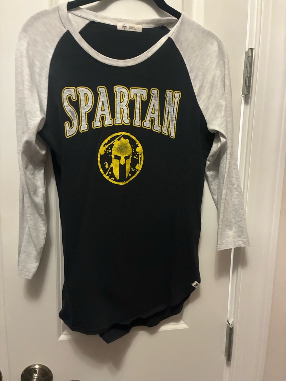 47 Brand Black and Gray Raglan Long Sleeve Tee with Yellow Spartan Graphic
